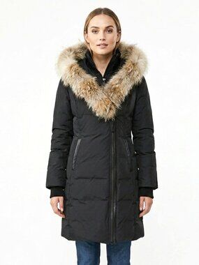 Mackage Kay Down Parka Black Real Coyote Fur Hood Asymmetrical Zip Coat Medium